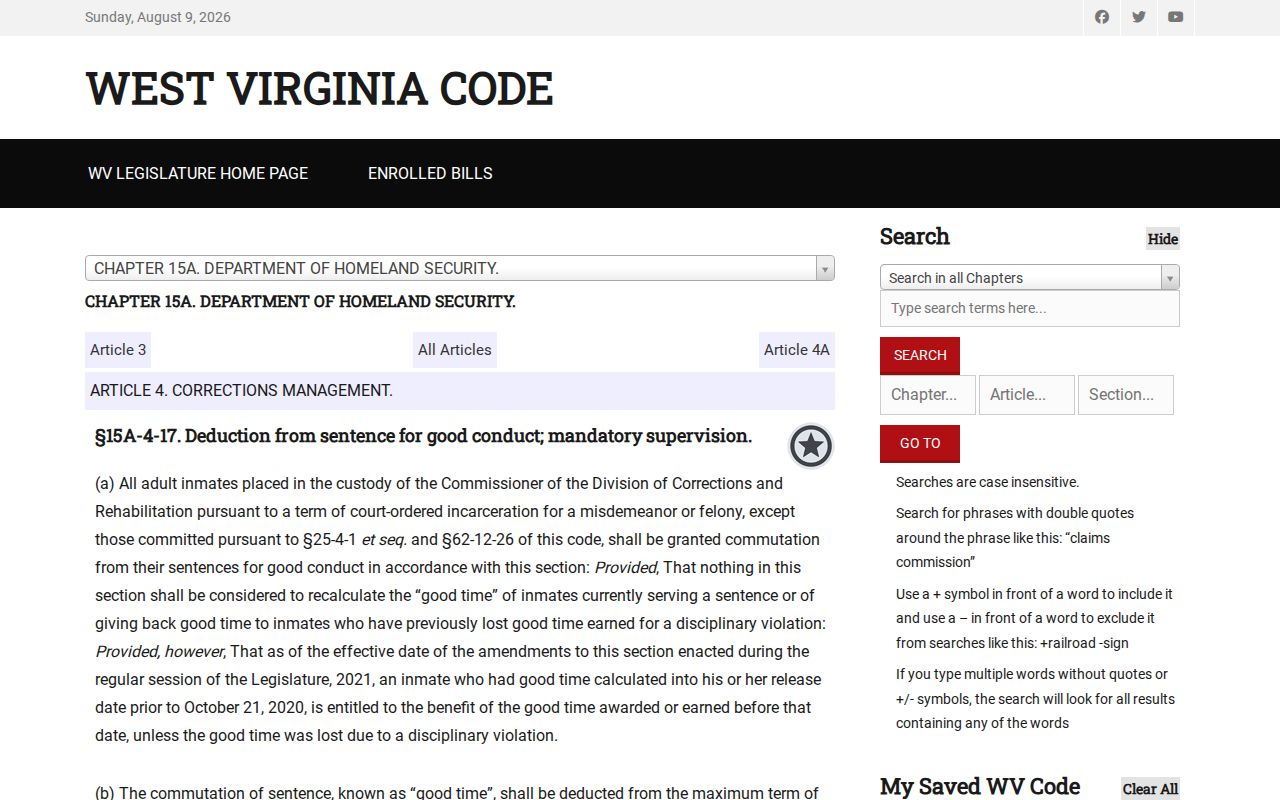 West Virginia good-time statute used for Fayette County projected release dates