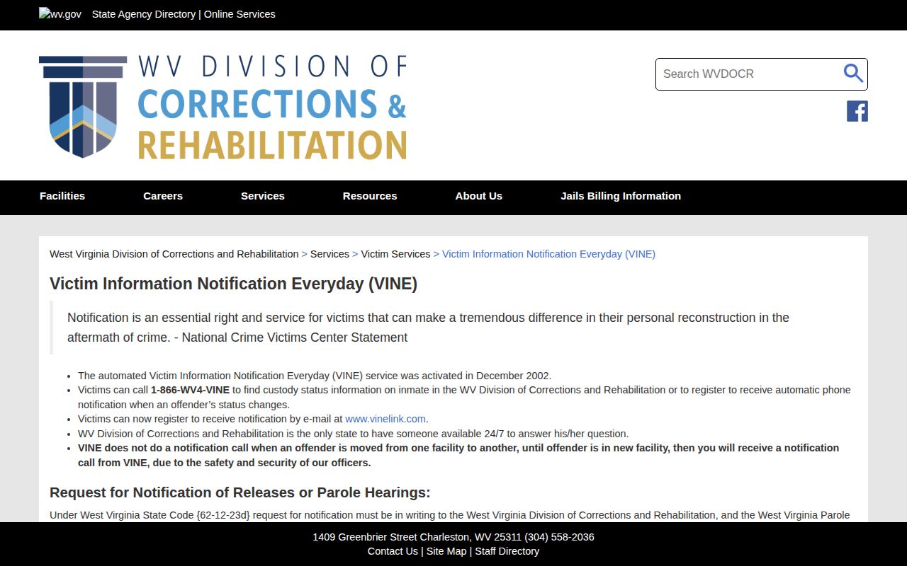 WVDCR VINE phone and Fayette County custody status notification explanation